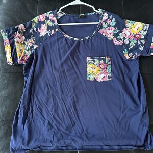 SHEIN Navy Floral Raglan Pocket Short Sleeve Tee
